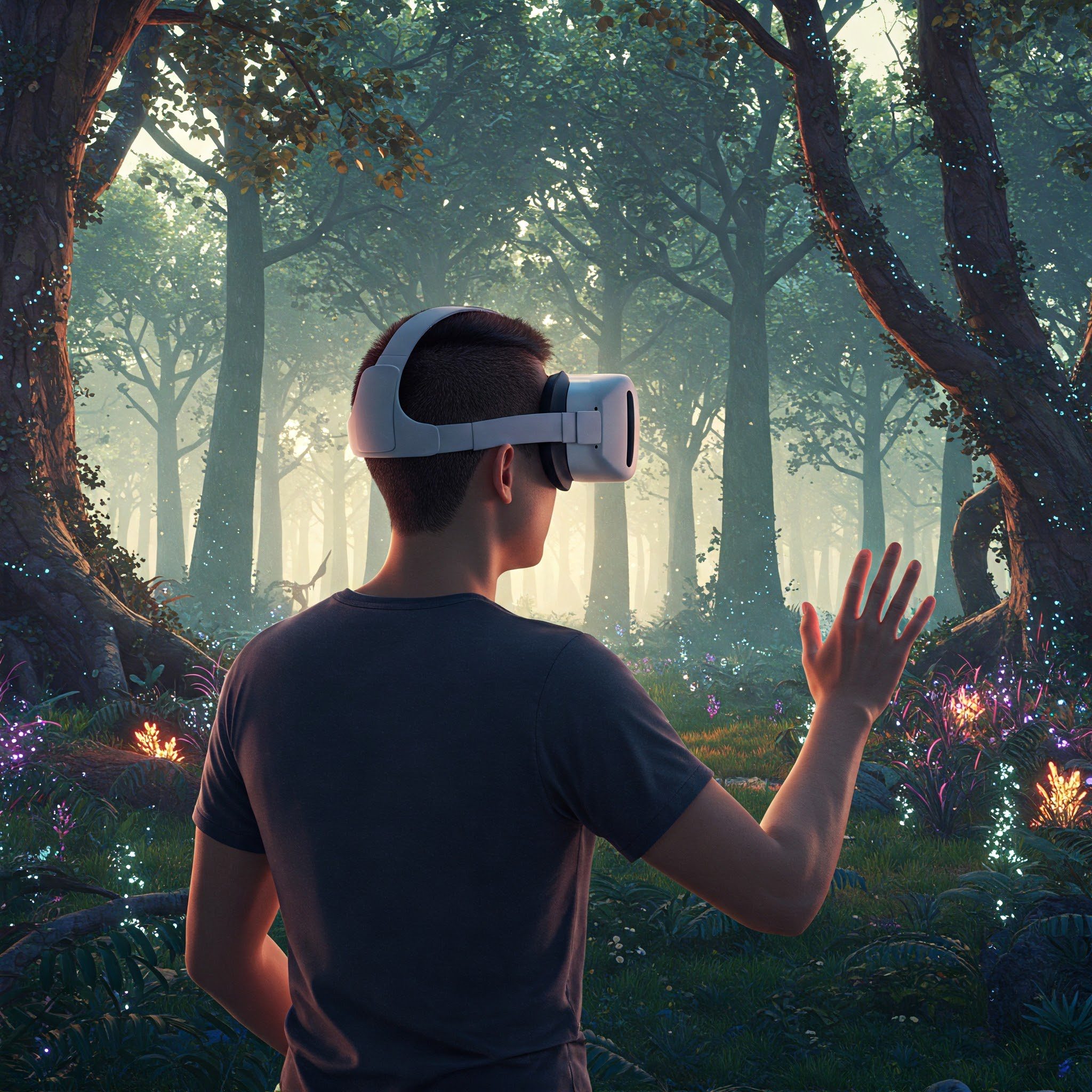 persona che indossa un visore VR che esplora un mondo virtuale