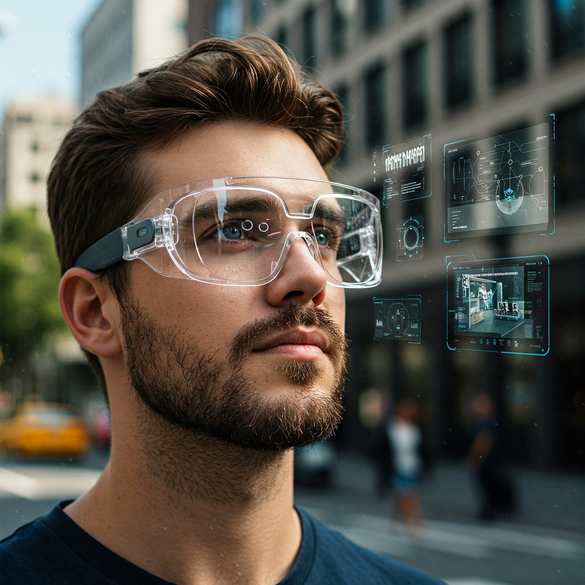 persona che utilizza degli occhiali per visualizzare contenuti AR sovrapposti al mondo reale