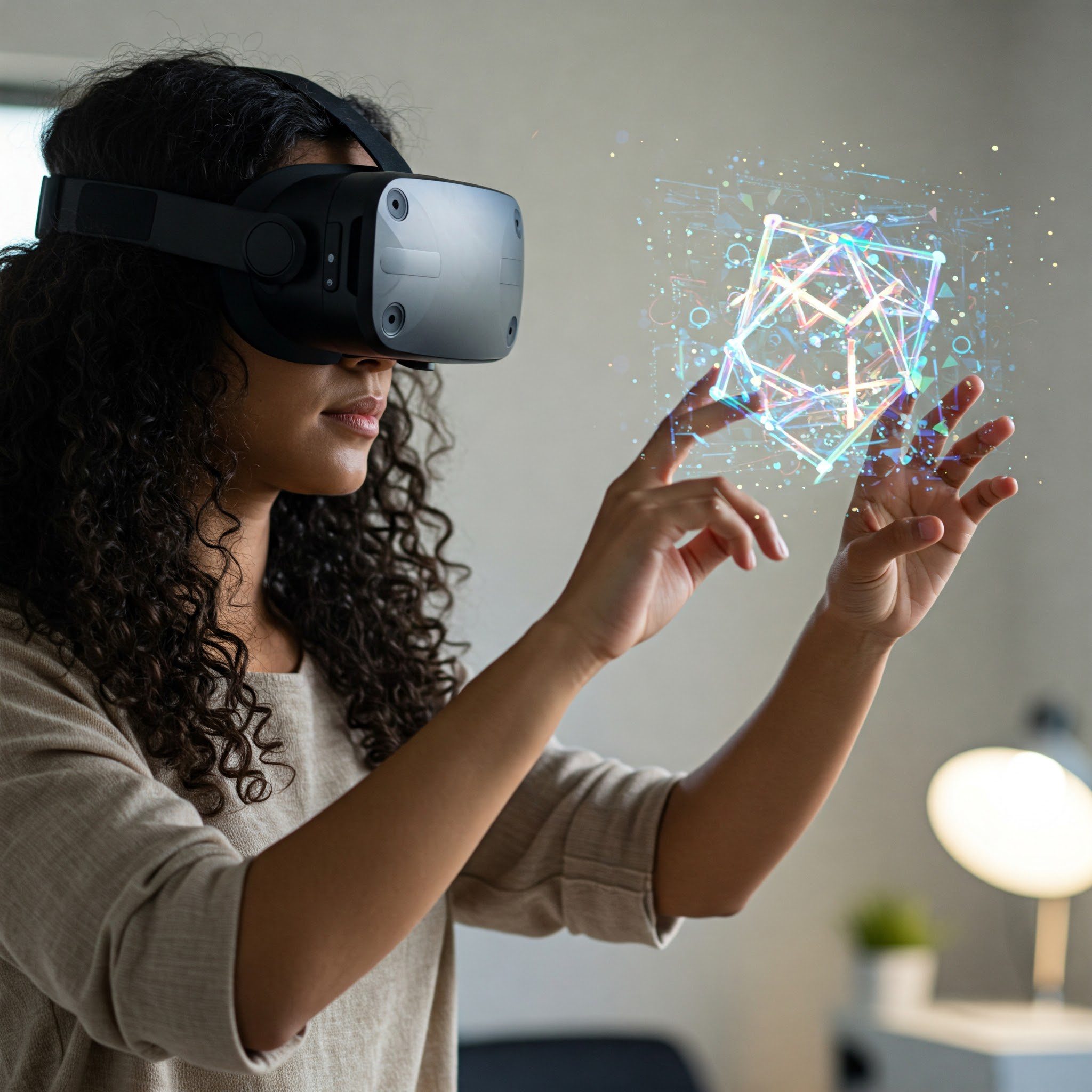 persona che indossa un visore MR e interagisce con un ologramma
